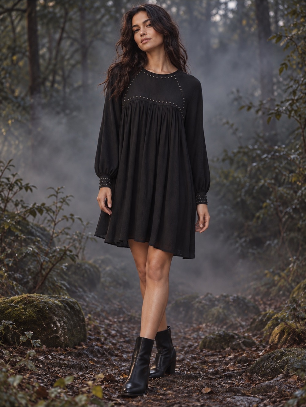 H&M Black Studded Babydoll Dress with Long Sleeves